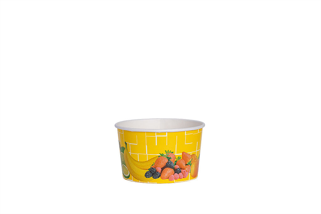 Eisbecher, bedruckt, Früchte Motiv, gelb, 260 ml, Höhe 57 mm, Ø 92 mm